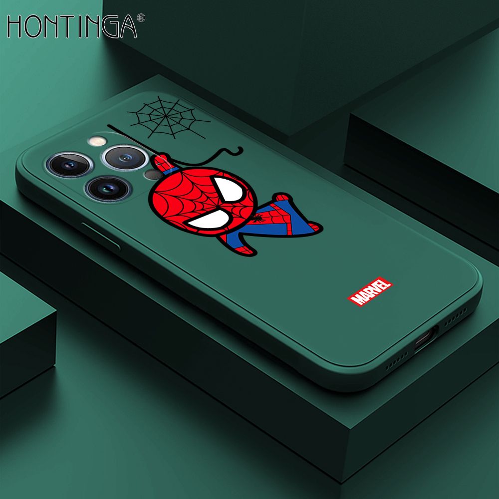 Hontinga for iPhone 13 Pro Max Case Cute Marvel Avengers Cartoon Spiderman Spider Man Phone Case Square Edge Silicone Cases Full Lens Cover Shockproof Protection Case