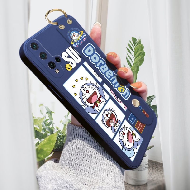 Jizetin for Huawei Nova 5 Wrist Strap Case Creative Cartoon Doraemon's Daily Life Cover Ultra Thin Anti Fall Liquid Silicone Phone Case