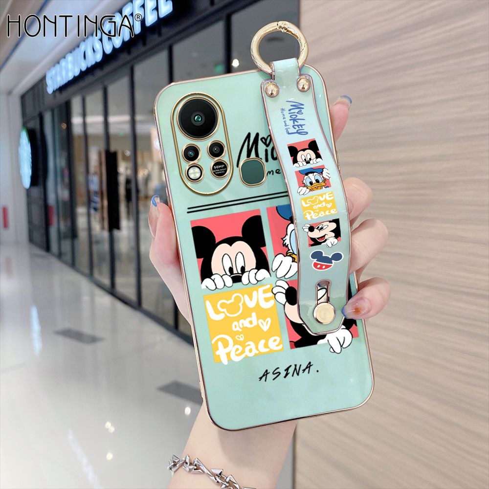 Hontinga for Infinix Hot 11S Back Cover With Wristband Luxury 6D Plating Cartoon Case Soft Silicone Square Phone Cases