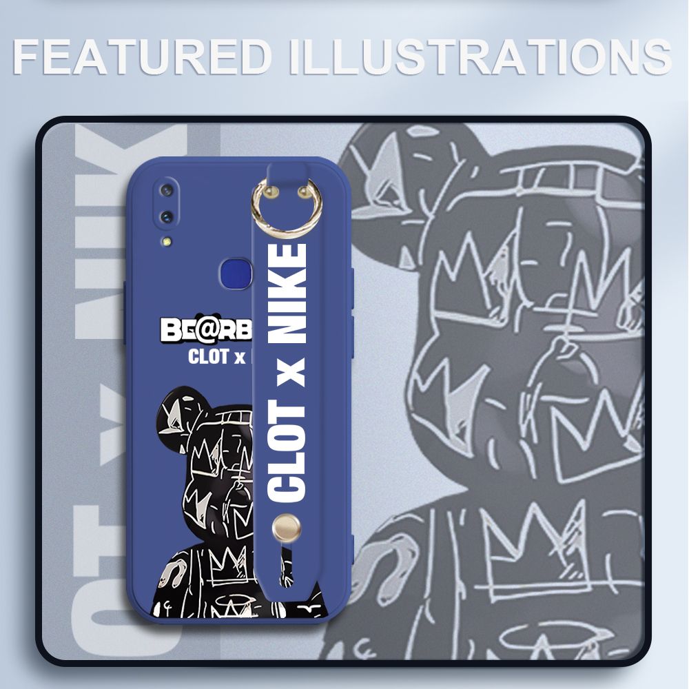 UCUC for Vivo V11I Wrist Strap Case Creative Cartoon Black Stitching Bear Cover Ultra Thin Anti Fall Liquid Silicone Phone Case