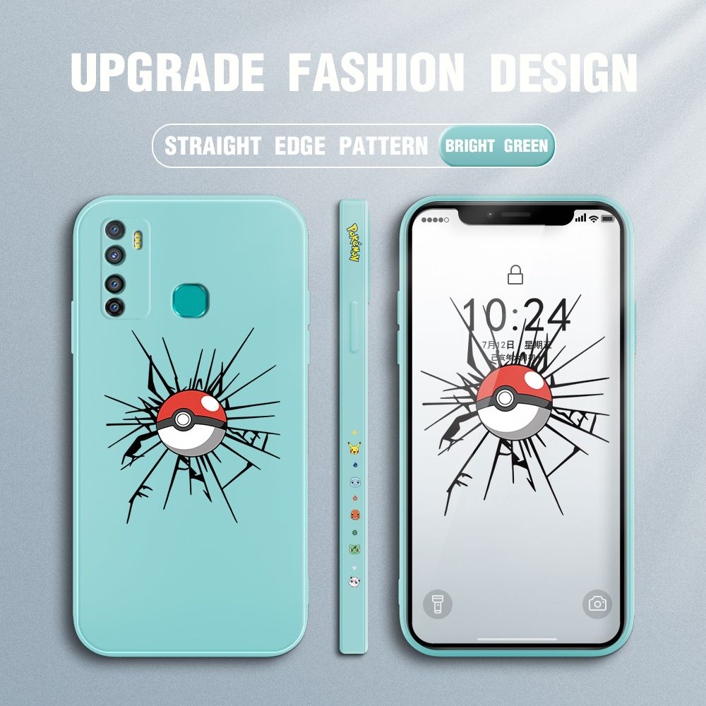 Jizetin for Infinix Hot 9 Case Cartoon Pokémon Pocket Monster Design Side Design Phone Case Square Edge Pattern Liquid Silicone Cases Full Cover Camera Shockproof Protective Case