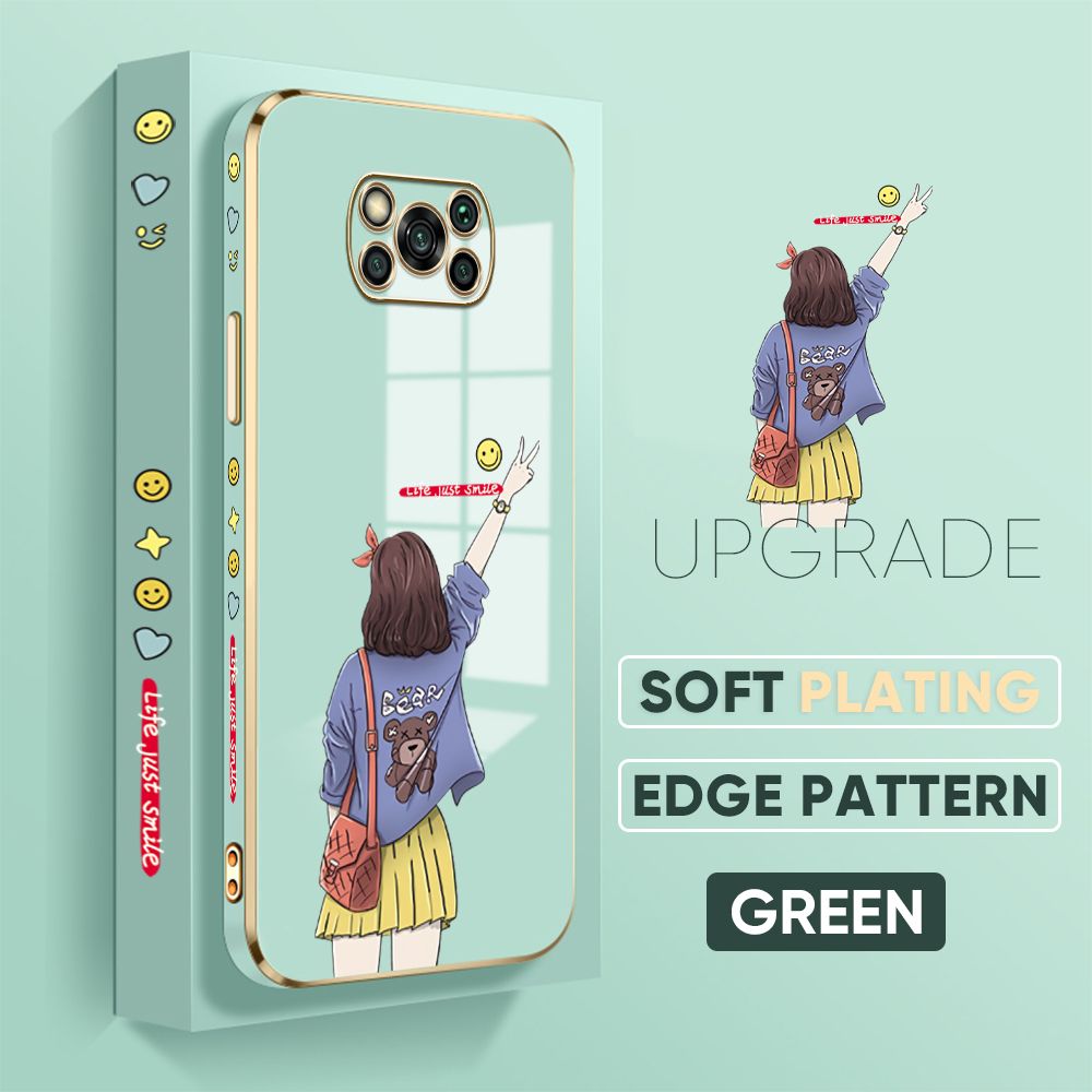 TA for Xiaomi Poco X3 / X3 Pro / X3 NFC Back Cover + Free Lanyard Happy Girl Luxury 6D Plating Case Side Pattern Soft Silicone Square Phone Cases