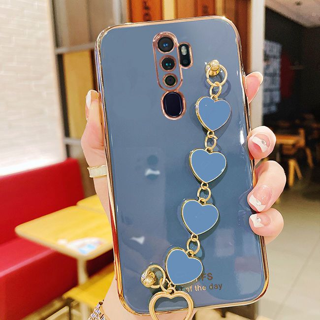 For OPPO A5 2020 Back Cover with Love Heart Chain Wrist Strap Fashion Bracelet Shiny Plating Bumper Protective Case Silicone Shockproof Mobile Phone Cases