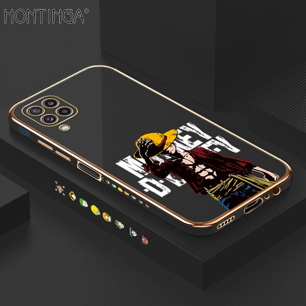 Hontinga for Samsung M32 Back Cover + Free Lanyard Luxury 6D Plating Handsome Luffy Side Pattern Case Soft Silicone Square Mobile Cover