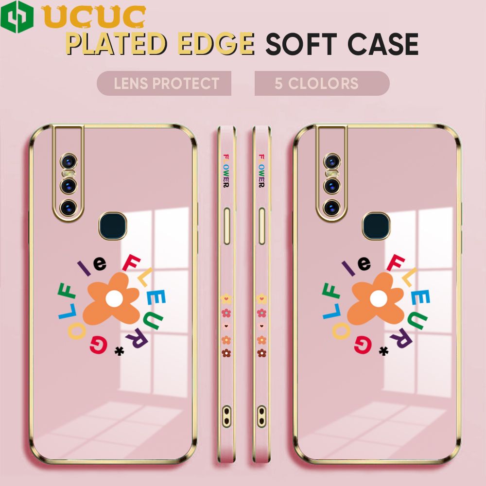 UCUC for Vivo V15 1819 Back Cover + Free Lanyard Colorful Flower Luxury 6D Plating Case Side Pattern Soft Silicone Square Phone Cases