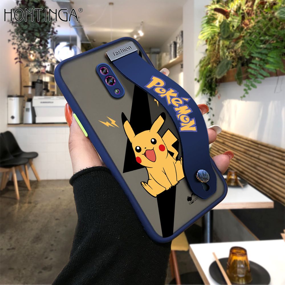 Hontinga for OPPO Reno Back Cover With Wristband Cartoon Pikachu Phone Casee Full Lens Protection Thin Frosted Cases