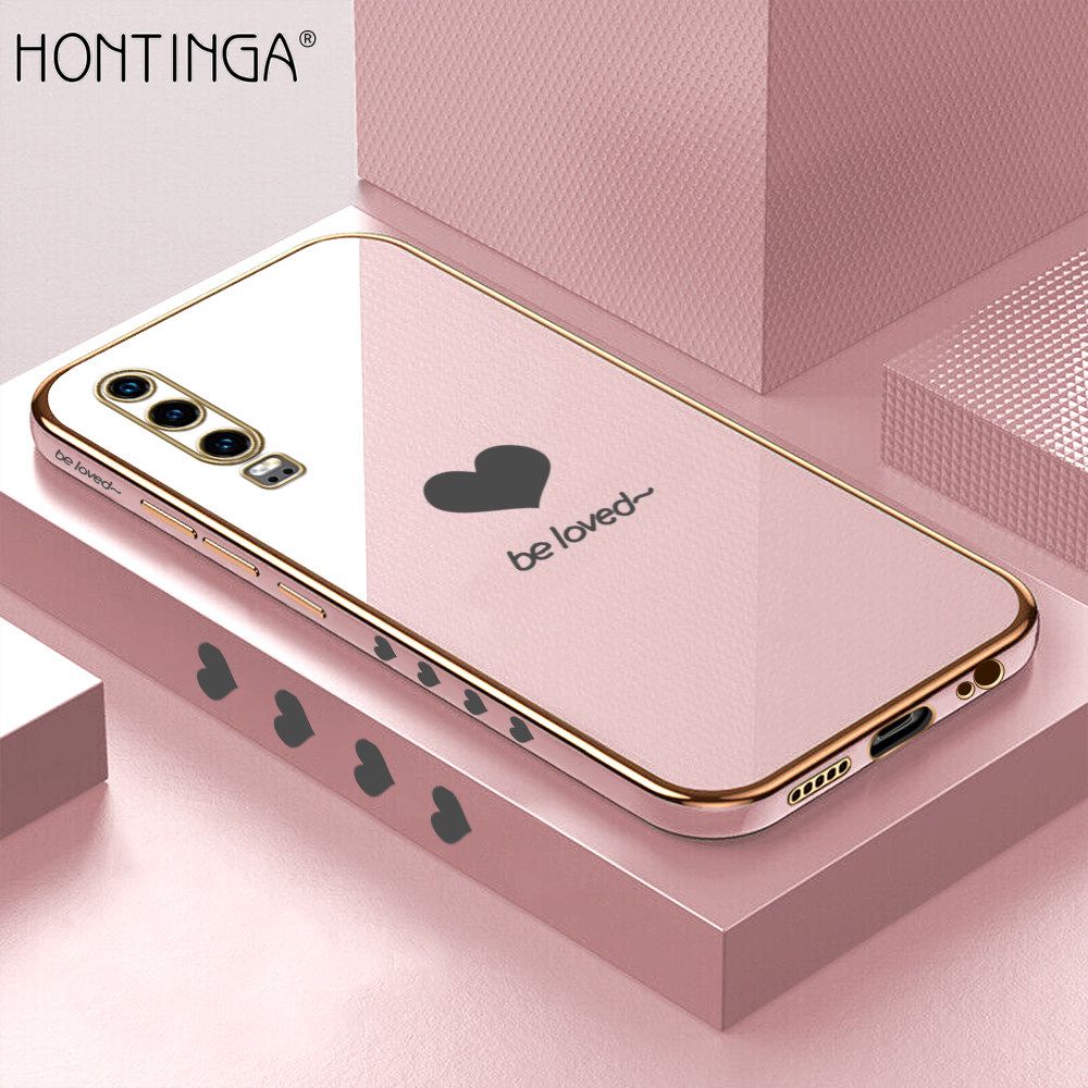 Hontinga for Huawei P30 Back Cover + Free Lanyard Luxury 6D Plating Lover Heart Side Pattern Case Soft Silicone Square Mobile Cover