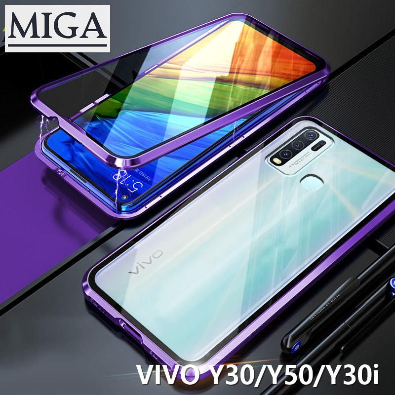 Magnetic Case For VIVO Y30 VIVO Y50 VIVO Y30i Double-sided Glass Phone Case For VIVO Y30 Y50 Y30i Luxury Aluminum Frame Tempered Glass Full Coverage Flip Phone Casing
