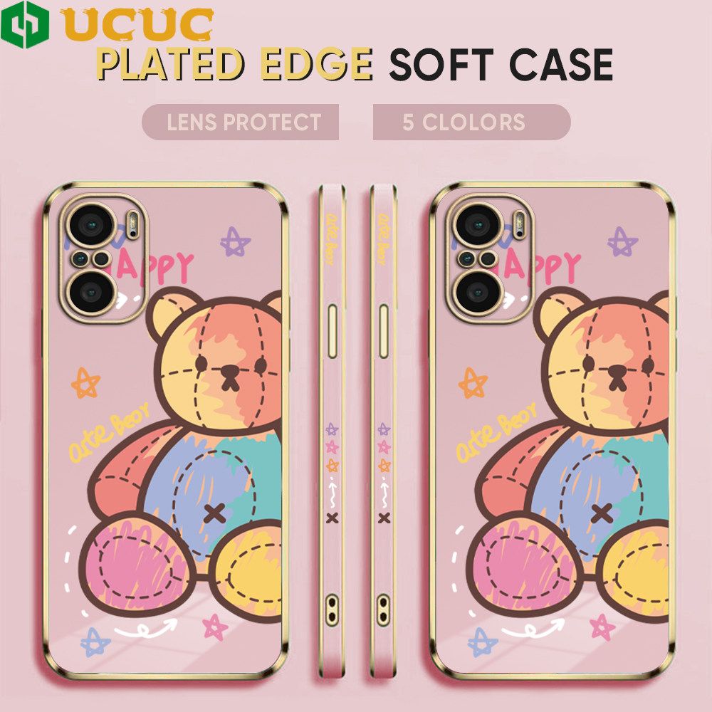 UCUC for Xiaomi Poco F3 / Redmi K40 / Redmi K40 Pro Back Cover + Free Lanyard Colorful Muppet Bear Luxury 6D Plating Case Side Pattern Soft Silicone Square Phone Cases