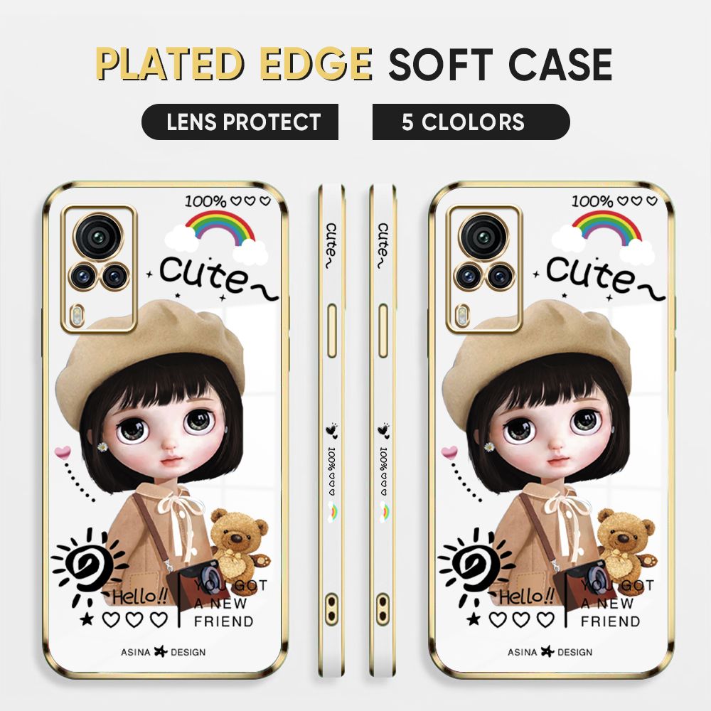 Luxury 6D Plating Case for Vivo X60 Pro Phone Cases Satchel Girl Side Print Soft Silicone Square Back Cover