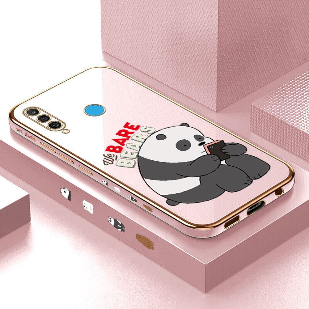 Luxury 6D Plating Case for Huawei P30 Lite Cartoon Panda Side Pattern Back Cover Soft Silicone Square Frame Shiny Bling Phone Cases + Free Lanyard