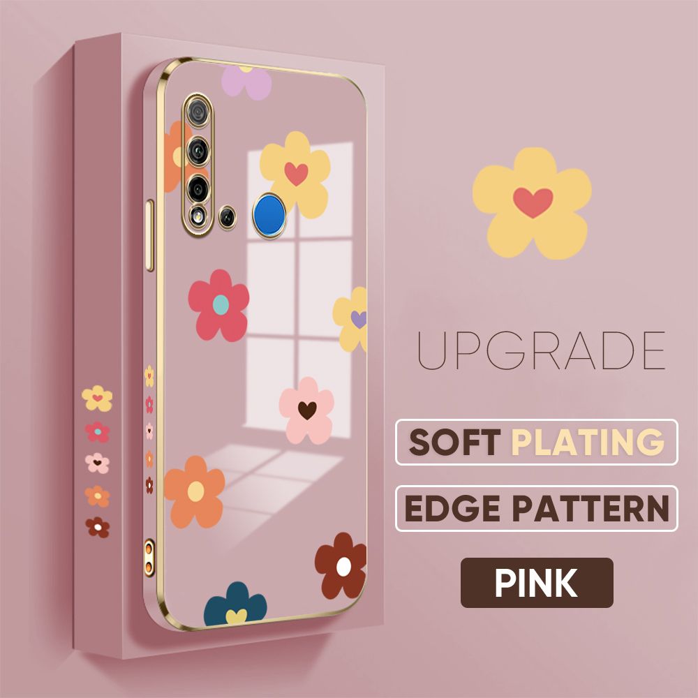 TA for Huawei Nova 5i / P20 Lite 2019 Back Cover + Free Lanyard Falling Flowers Luxury 6D Plating Case Side Pattern Soft Silicone Square Phone Cases