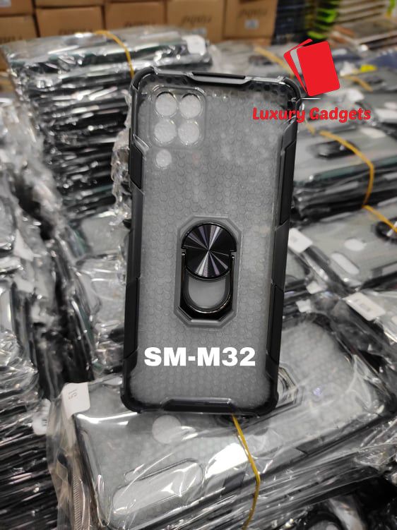 Samsung Galaxy M32 (4G) - Luxury Armor Ring Metal Stand Holder With Soft Silicone TPU Frame Transparent Phone Back Cover Case
