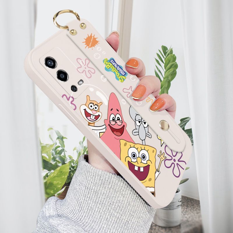 Jizetin for OPPO A55 Back Cover Cute Funny SpongeBob Wrist Strap Phone Case Candy Color shock proof Protective Phone Cases