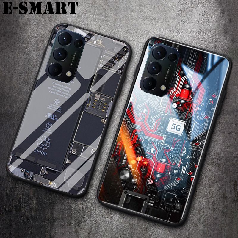 For OPPO Reno 5 Pro Back Cover Explorer Version Theme Case Tempered Glass Protector Case for OPPO Reno5 Pro Case Clear Circuit Board Design Full Coverage Phone cases