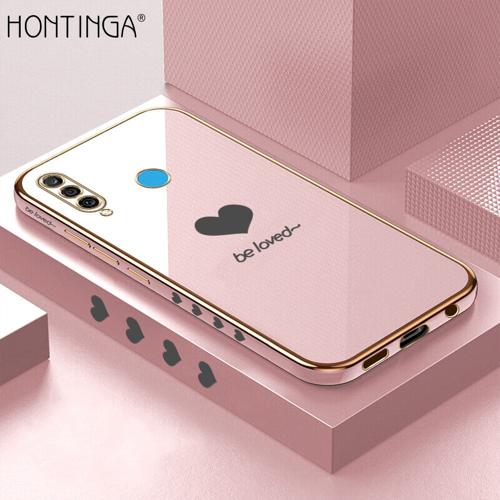 Hontinga for Huawei P30 Lite / Nova 4E Case + Free Lanyard Luxury 6D Plating Soft Casing Silicone Square Frame Phone Case Shiny Bling Back Cover Lover Heart Side Pattern Case