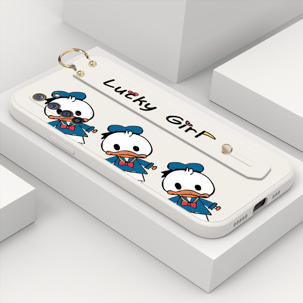 ZeroQiQi for Realme 6 Pro Wrist Strap Case Cute Cartoon Little Duck Phone Case Square Edge Liquid Silicone Case Full Cover Camera Shockproof Protective Cases