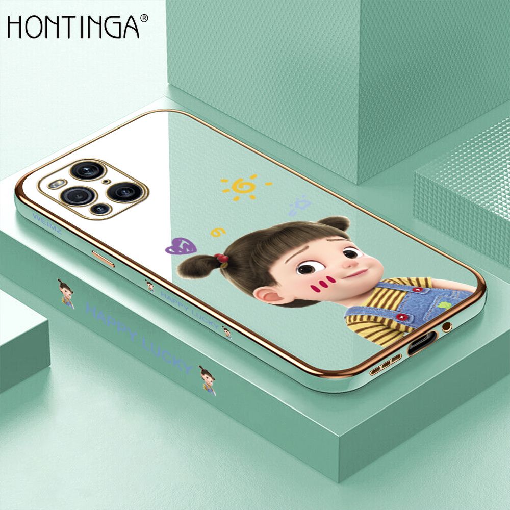 Hontinga for OPPO Find X3 / Find X3 Pro Back Cover + Free Lanyard Luxury 6D Plating Cute Cartoon Happy Girl Side Pattern Case Soft Silicone Square Phone Cases