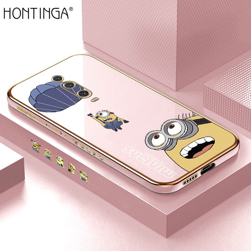 Hontinga for Redmi K20/K20 Pro/Xiaomi 9T/9T Pro Back Cover + Free Lanyard Luxury 6D Plating Yellow Cartoon Character Pattern Case Soft Silicone Square Phone Cases