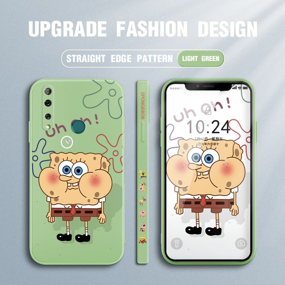 Jizetin for Huawei Y9 Prime 2019 Case Side Design Phone Cover New Cartoon SpongeBob SquarePants Cover Square Edge Pattern Liquid Silicone Trend Case