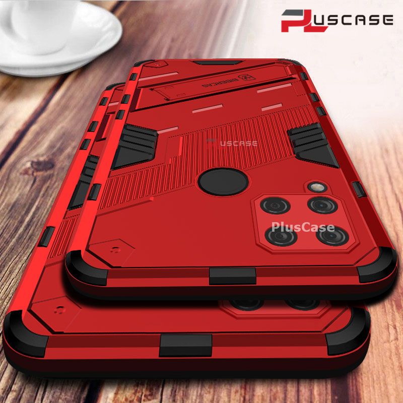 PlusCase for Realme C15 Stand Shockproof Phone Case Lens Camera Protection Armor Hard Casing