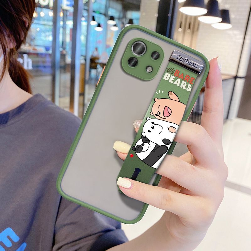 UCUC for Xiaomi Mi 11 Lite Wrist Strap Case Cute Cartoon Three Little Bears Wristband Printing Cover Shockproof Frosted Phone Case