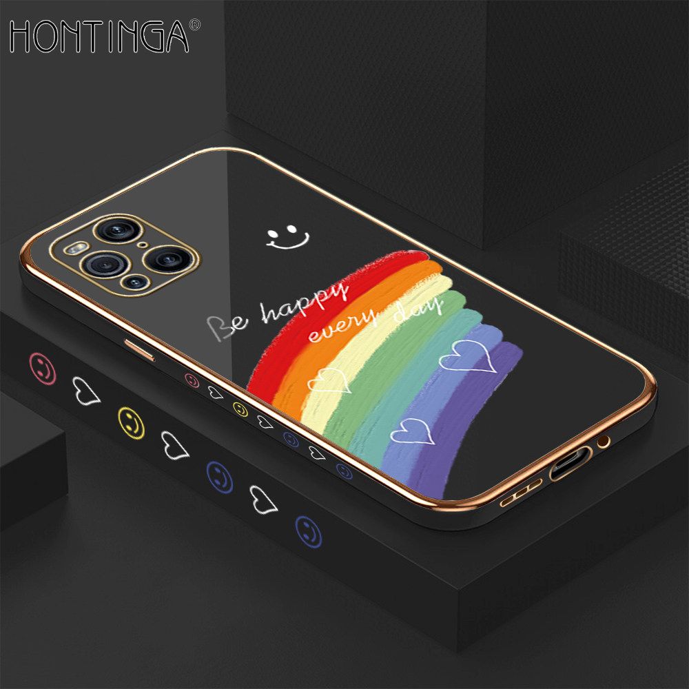 Hontinga for OPPO Find X3 / Find X3 Pro Back Cover + Free Lanyard Luxury 6D Plating Cartoon Rainbow Side Pattern Caese Soft Silicone Square Phone Cases