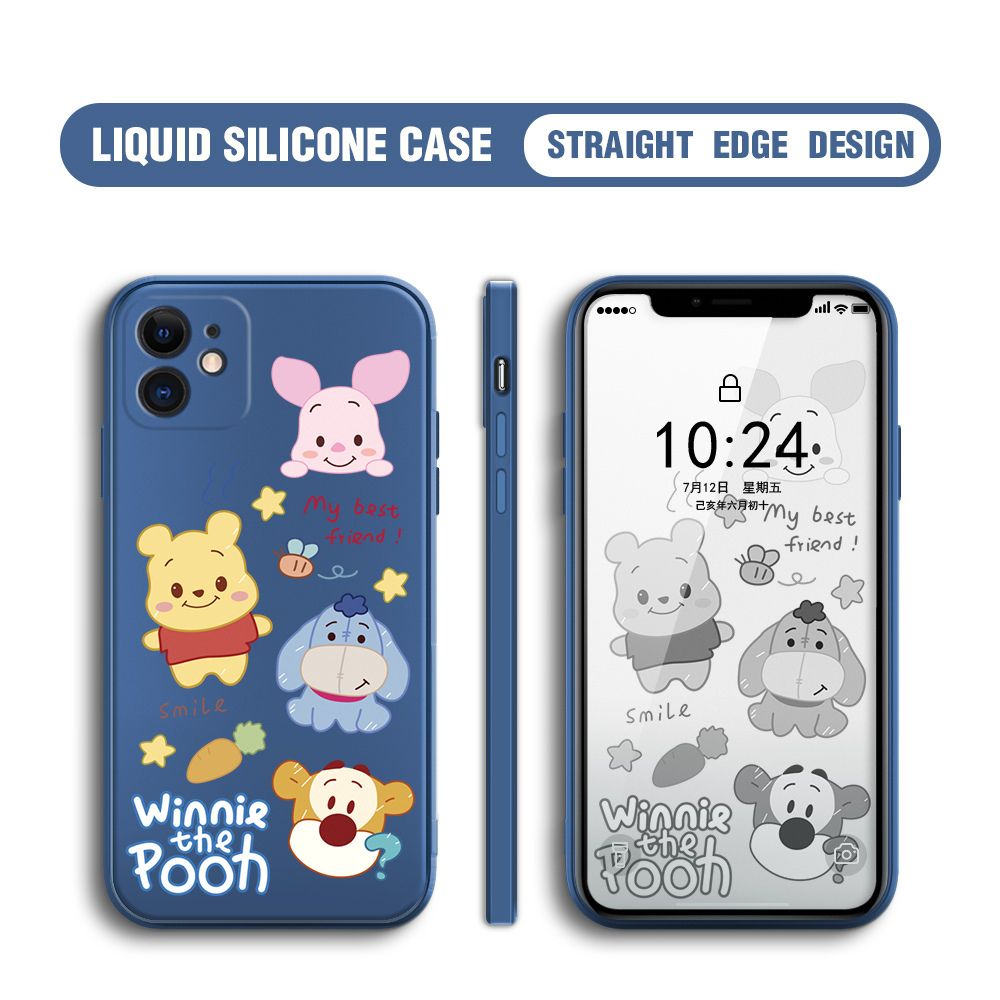 BILI for iPhone 12 Mini Back Cover Cute Winne Friends Multicolor Liquid Silicone Phone Case Soft Square Lens Protection Phone Cases