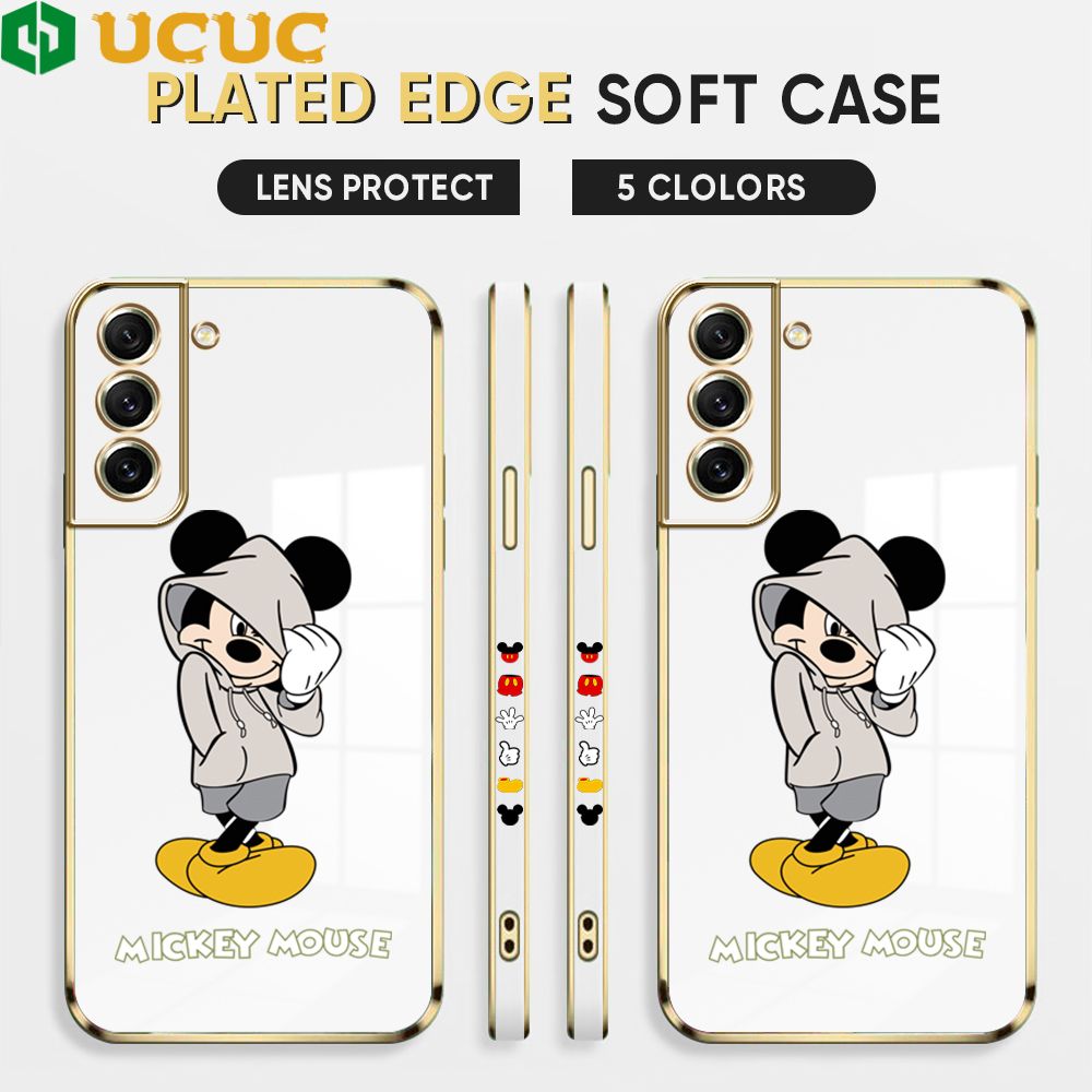UCUC for Samsung Galaxy S21 FE 5G Back Cover + Free Lanyard Hoodie Mouse Luxury 6D Plating Case Side Pattern Soft Silicone Square Phone Cases