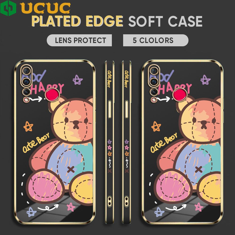 UCUC for Huawei Nova 4 Back Cover + Free Lanyard Colorful Muppet Bear Luxury 6D Plating Case Side Pattern Soft Silicone Square Phone Cases