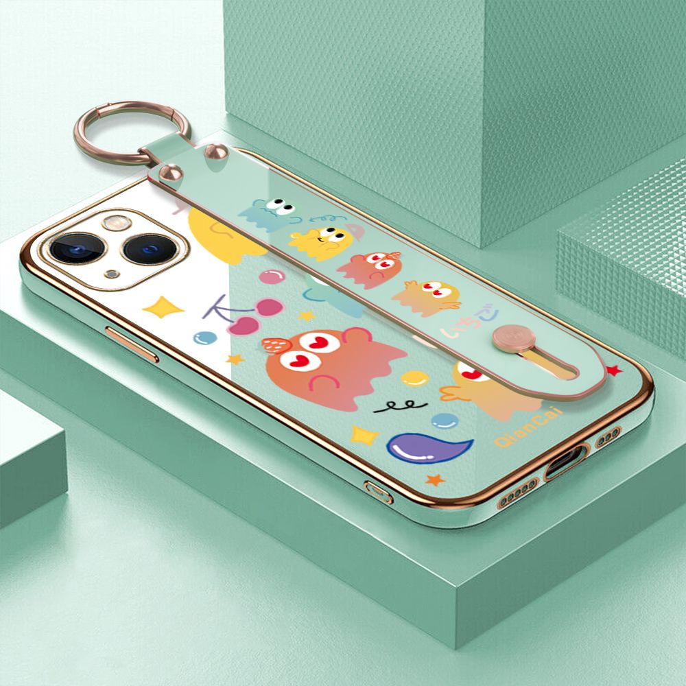 Jizetin for iPhone 13 Back Cover Bean Monster Luxury 6D Plating Wrist Strap Phone Cases Soft Silicone Square Mobile Phone Case