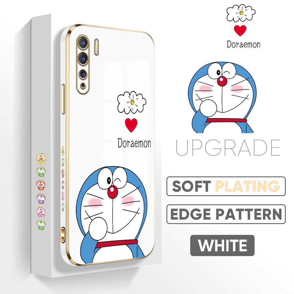 TA for OPPO F15 / A91 / Reno3 Back Cover + Free Lanyard Sneak Doraemon Luxury 6D Plating Case Side Pattern Soft Silicone Square Phone Cases