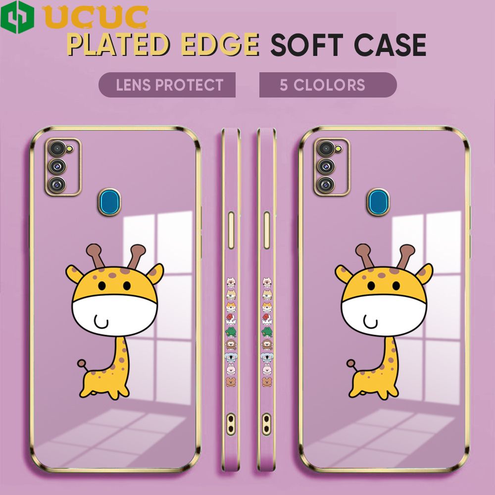 UCUC for Samsung Galaxy M21 M30S Back Cover + Free Lanyard Big Head Giraffe Luxury 6D Plating Case Side Pattern Soft Silicone Square Phone Cases