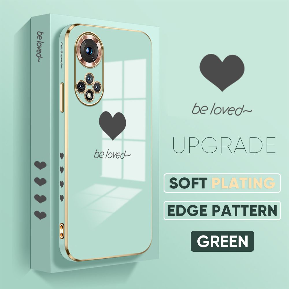 Jizetin (Free Lanyard) Honor 50 Cover Love Luxury 6D Plating Soft Casing Silicone Square Frame Phone Case Shiny Bling Back Cover