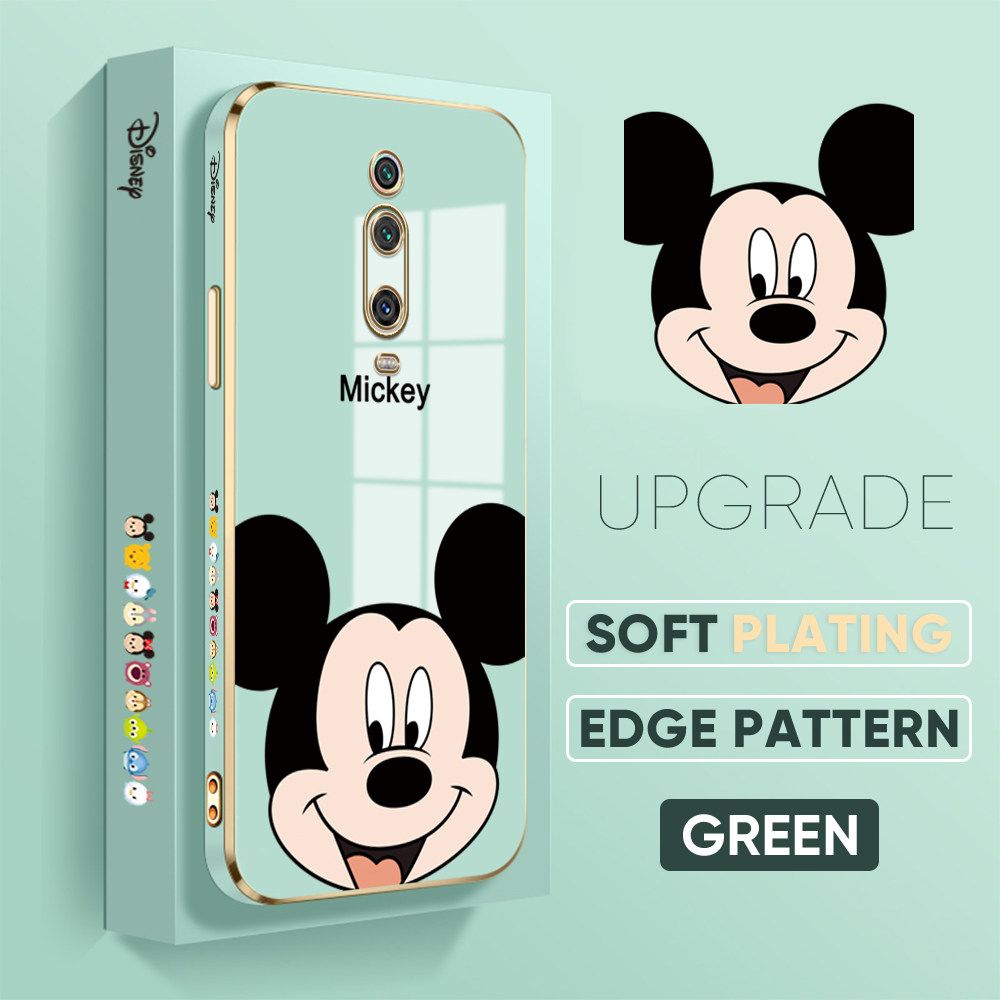 Jizetin (Free Lanyard) Redmi K20 Pro Luxury 6D Plating Soft Casing Silicone Square Frame Phone Case Shiny Bling Back Cover Cartoon Big Head Mouse New design Side Drawing Case