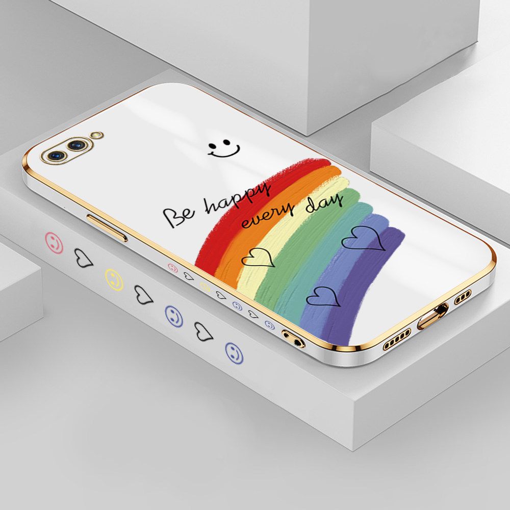 Jizetin (Free Lanyard) OPPO A3S / A12E / Realme C1 Case Rainbow Doodle Luxury 6D Plating Soft Casing Silicone Ultra Thin Phone Cover