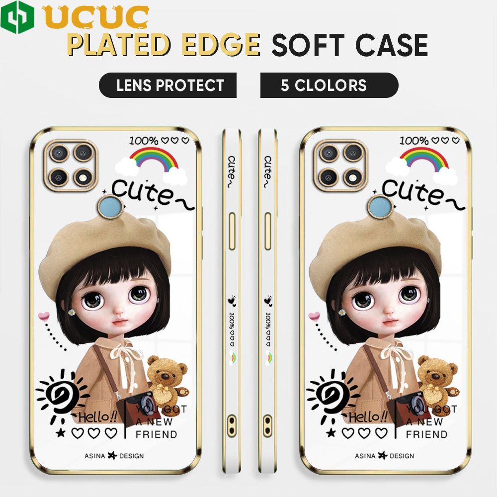UCUC for OPPO A15 A15s Back Cover + Free Lanyard Sunshine Girl Luxury 6D Plating Case Side Pattern Soft Silicone Square Phone Cases