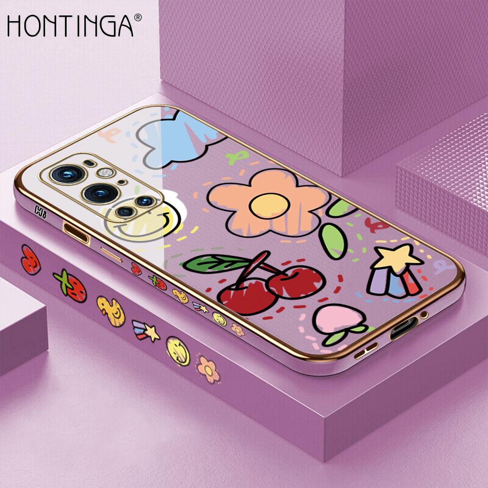 Hontinga for OnePlus 9 Pro Back Cover + Free Lanyard Luxury 6D Plating Cartoon Cherry Peach Side Pattern Case Soft Silicone Square Mobile Cover