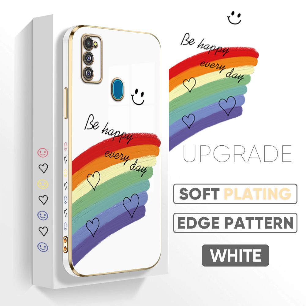 TA for Samsung Galaxy M21 M30S Back Cover + Free Lanyard Rainbow Doodle Luxury 6D Plating Case Side Pattern Soft Silicone Square Phone Cases
