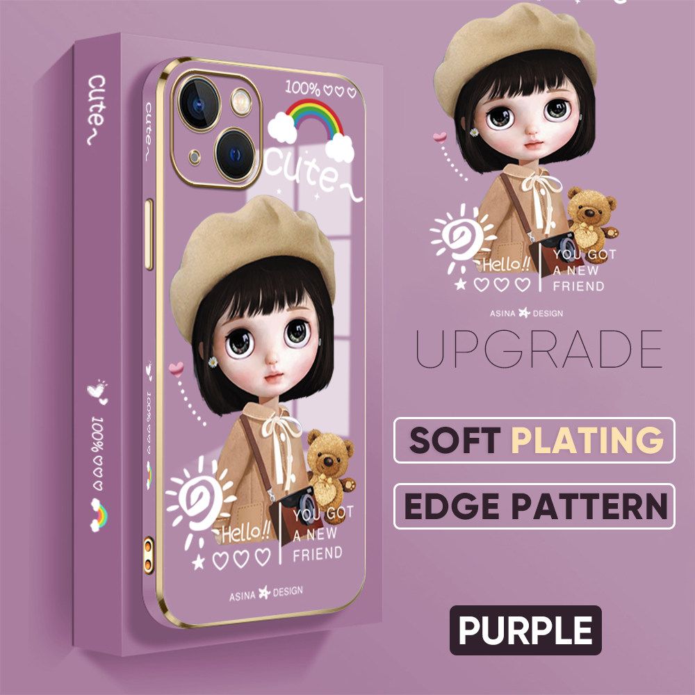 Jizetin (Free Lanyard) iPhone 13 Mini Luxury 6D Plating Soft Casing Silicone Square Frame Phone Case Shiny Bling Back Cover Cute Sunshine Girl New design Side Drawing Case