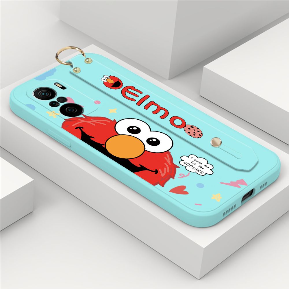 ZeroQiQi for Xiaomi Poco F3 Wrist Strap Case Cute Cute Cartoon Little Monster Phone Cover Square Edge Liquid Silicone Case Full Cover Camera Shockproof Protective Cases