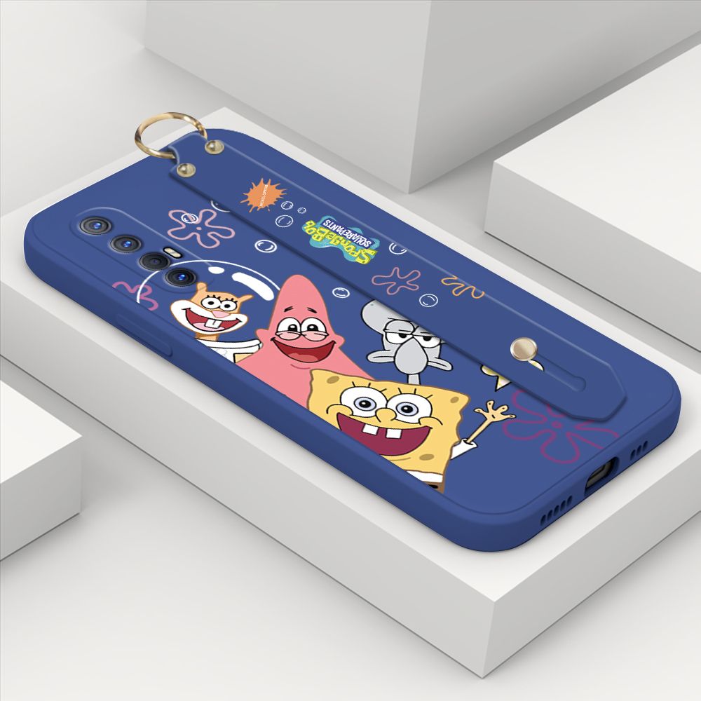 ZeroQiQi for OPPO Reno3 Pro 5G Wrist Strap Case Cute Cute Funny Cartoon Sponge for Square Pants Cover Square Edge Liquid Silicone Anti-drop Phone Case