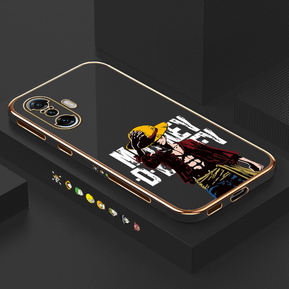 Luxury 6D Plating Case for Xiaomi Poco F3 GT Anime Cartoon Cool Luffy Side Pattern Back Cover Soft Silicone Square Frame Shiny Bling Phone Cases + Free Lanyard