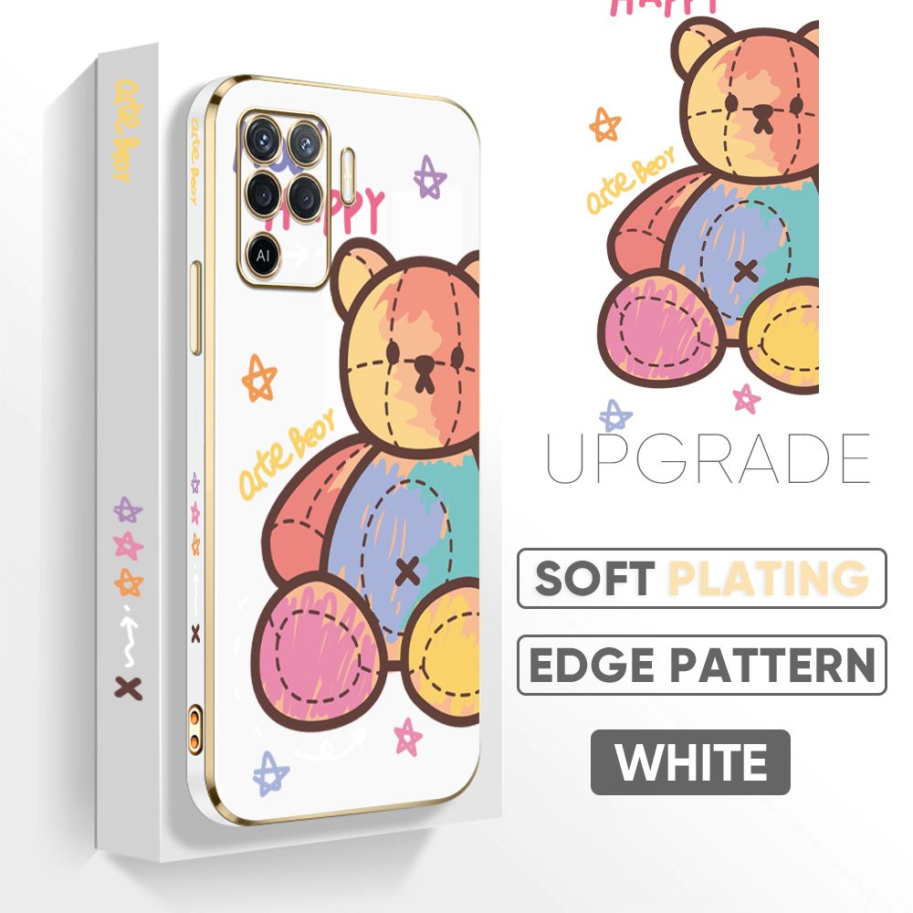 Jizetin (Free Lanyard) OPPO Reno5 F Cover Color Doll Luxury 6D Plating Soft Casing Silicone Square Frame Phone Case Shiny Bling Back Cover