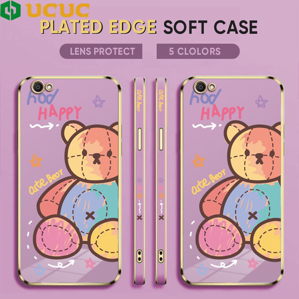 UCUC for Vivo V5 / V5 Lite / V5S Back Cover + Free Lanyard Colorful Muppet Bear Luxury 6D Plating Case Side Pattern Soft Silicone Square Phone Cases