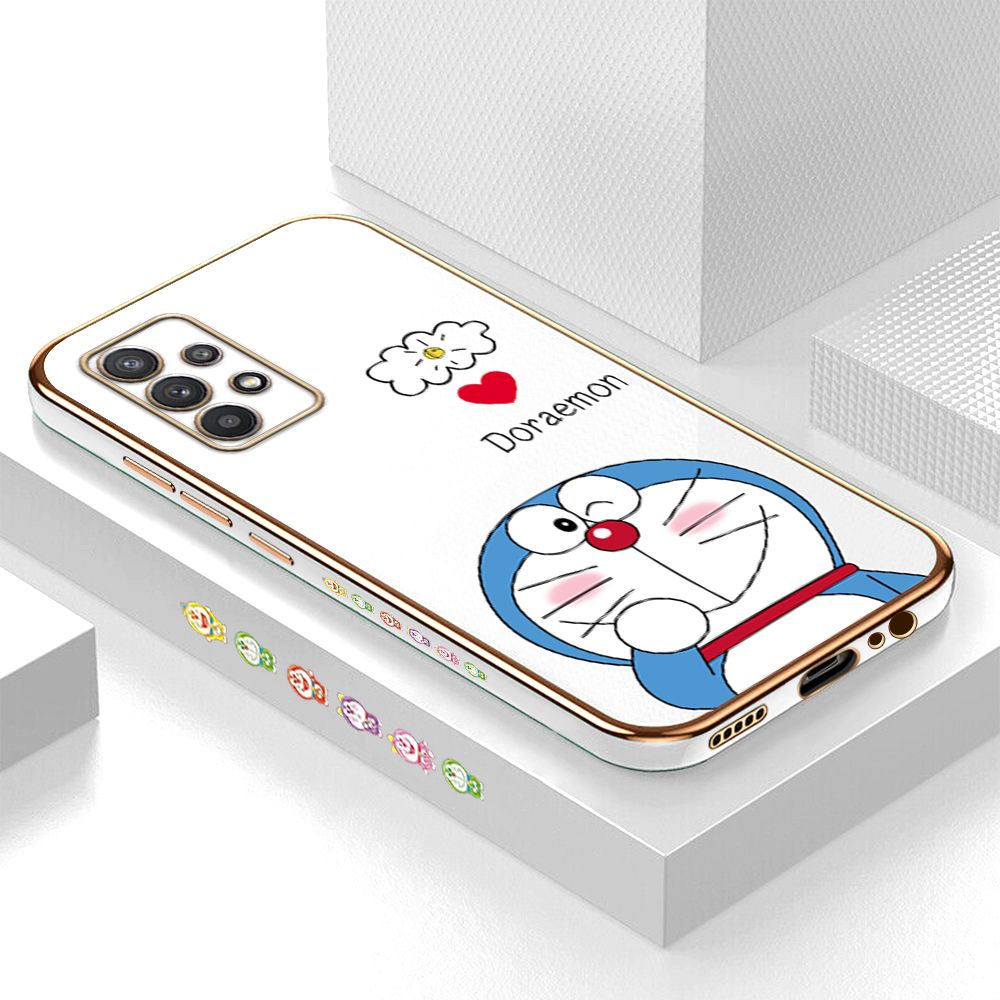 Luxury 6D Plating Case for Samsung A32 4G Cartoon Giggle Meow Side Pattern Back Cover Soft Silicone Square Phone Cases + Free Lanyard