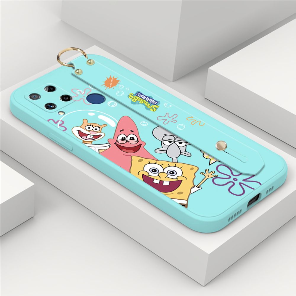 ZeroQiQi for Realme C15 Wrist Strap Case Cute Cute Funny Cartoon Sponge for Square Pants Cover Square Edge Liquid Silicone Anti-drop Phone Case