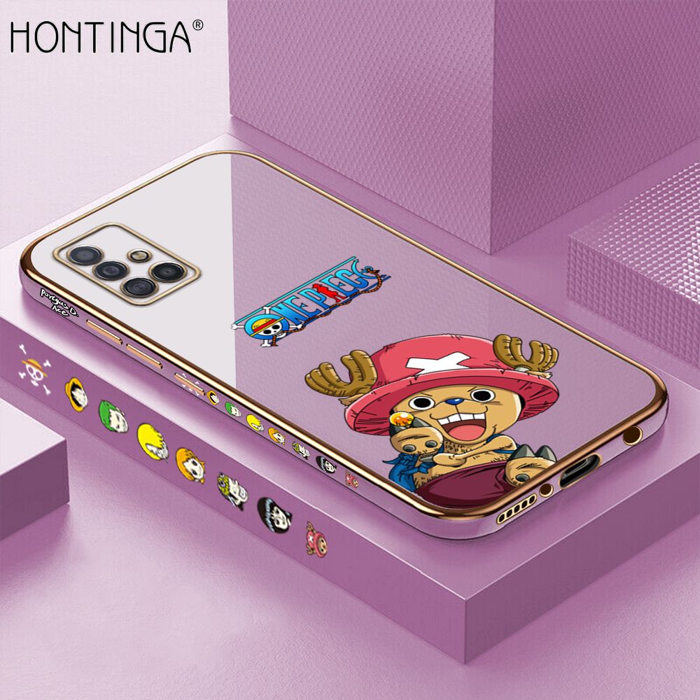 Hontinga for Samsung A51 4G Back Cover + Free Lanyard Luxury 6D Plating Cute Cartoon Choba Side Pattern Case Soft Silicone Square Mobile Cover