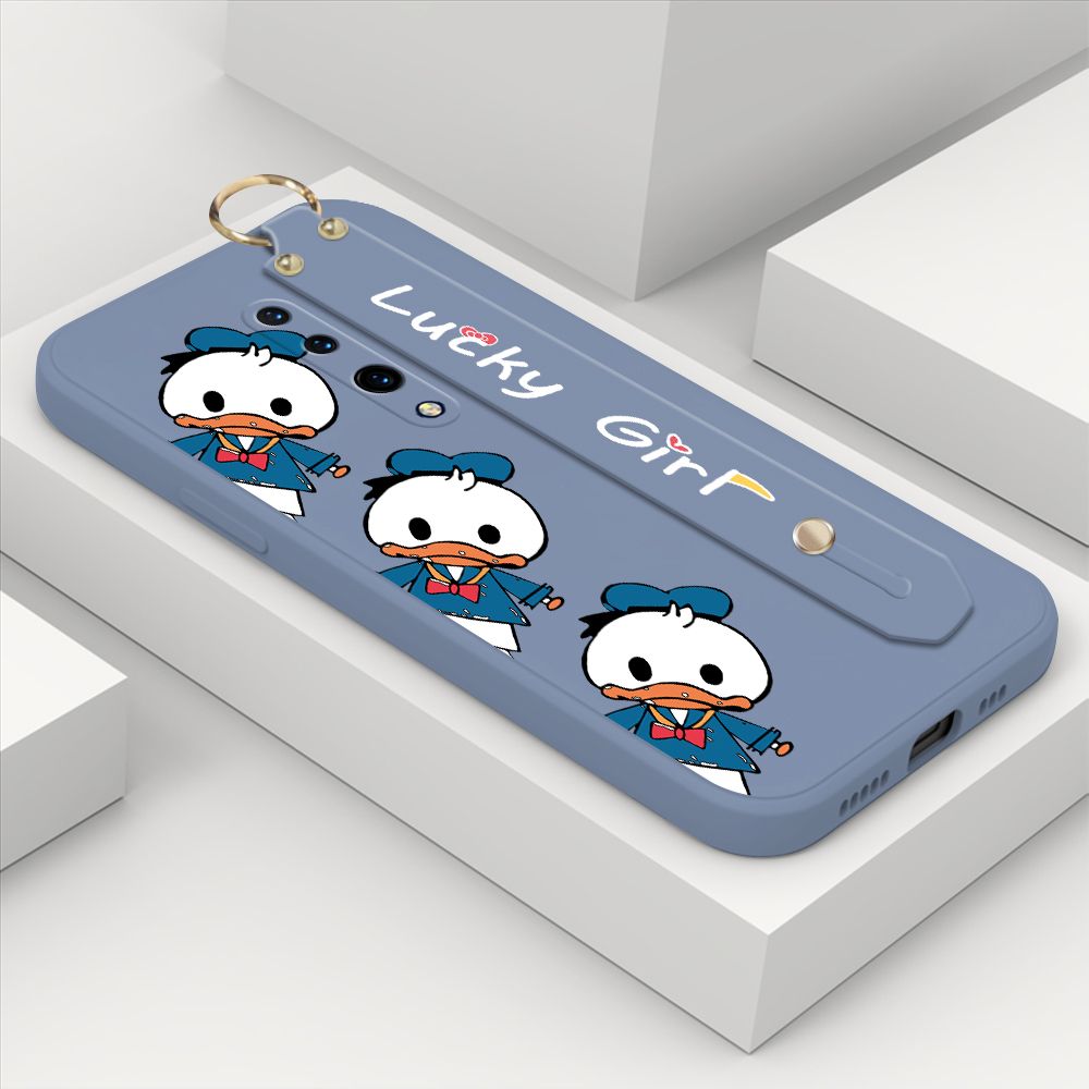 ZeroQiQi for OnePlus 7 Pro Wrist Strap Case Cute Cartoon Little Duck Phone Case Square Edge Liquid Silicone Case Full Cover Camera Shockproof Protective Cases