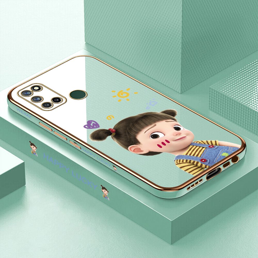 ZeroQiQi for Realme 7I C17 Back Cover Cute Girl Luxury 6D Plating Case Side Pattern Soft Silicone Square Mobile Phone Cases + Free Lanyard